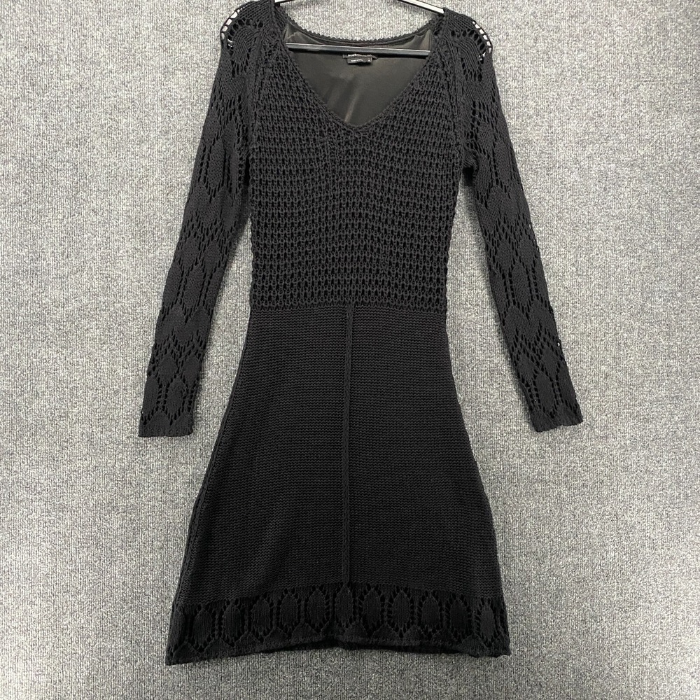 BCBGMaxaria Crochet Dress Womens M Black V-Neck Long Sleeve Boho Resort‎ Coastal